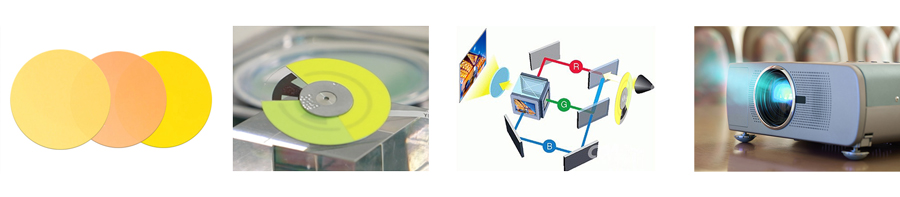 China Glaze Co., Ltd.(和名:チャイナグレーズ株式会社) のプロジェクター用蛍光体分散ガラス Phosphor Wheel for Laser Applicationsである製品画像とプロジェクター用蛍光体分散ガラスを使用した製品イメージ画像